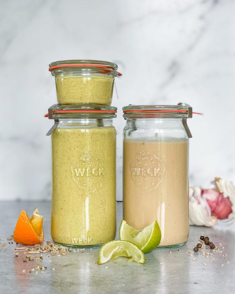 tahin miso dressing og gurkemeje dressing