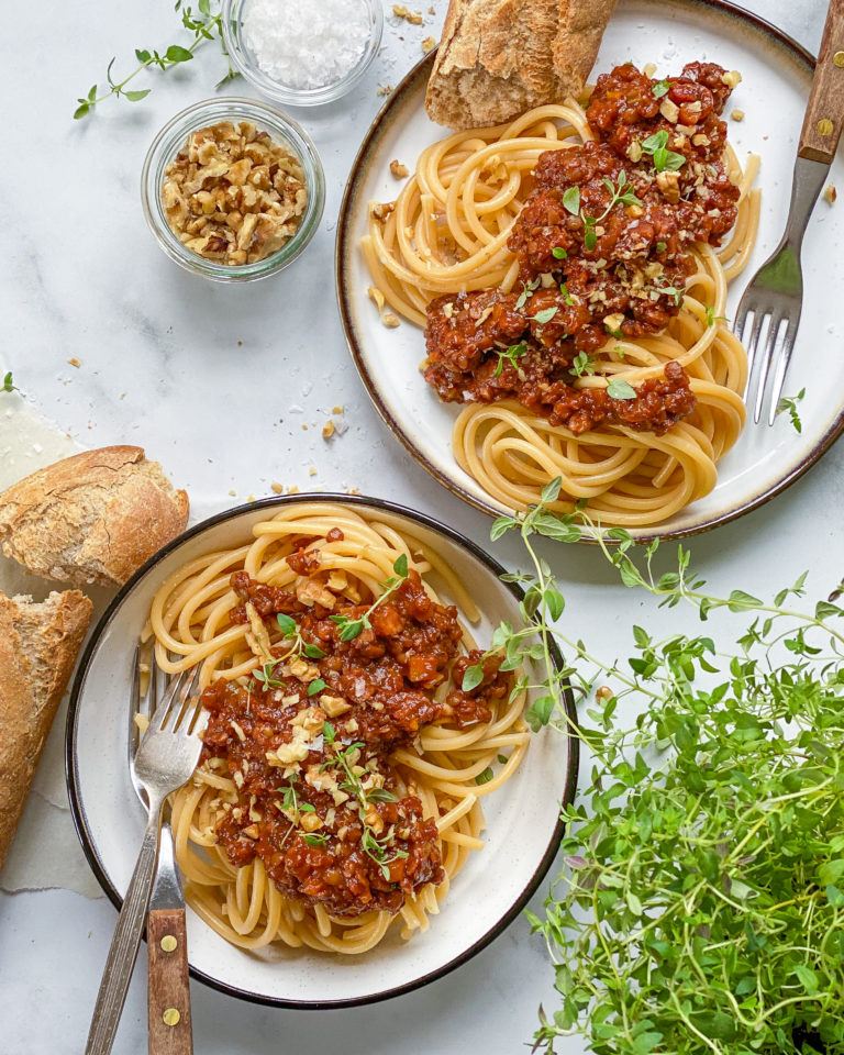 vegansk bolognese med spaghetti