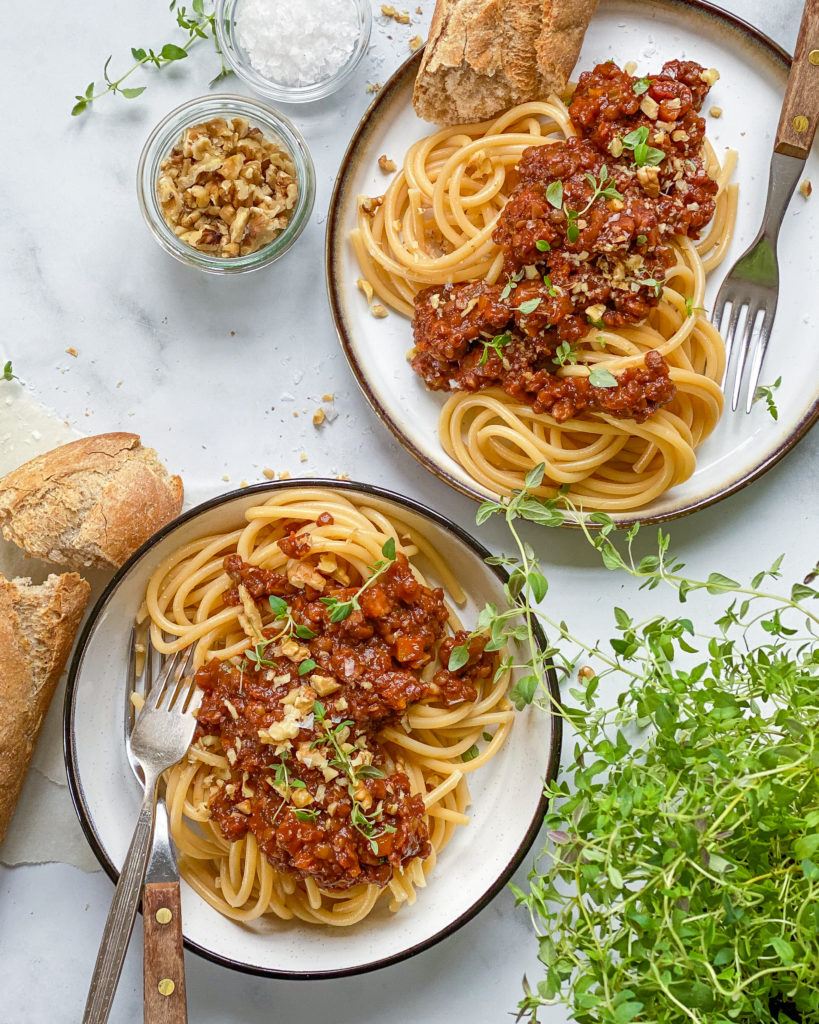 vegansk bolognese med spaghetti