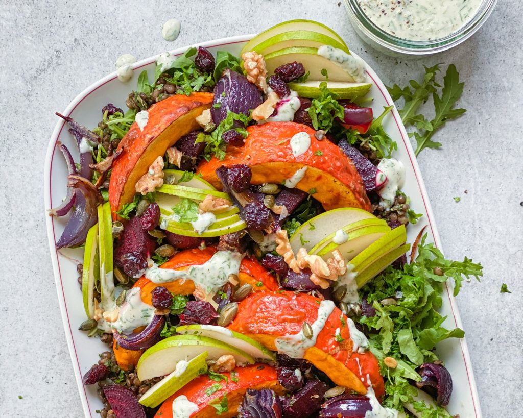 Linsesalat med bagte grøntsager