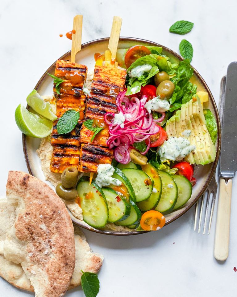 tofu grillspyd med karrymarinade og tilbehør