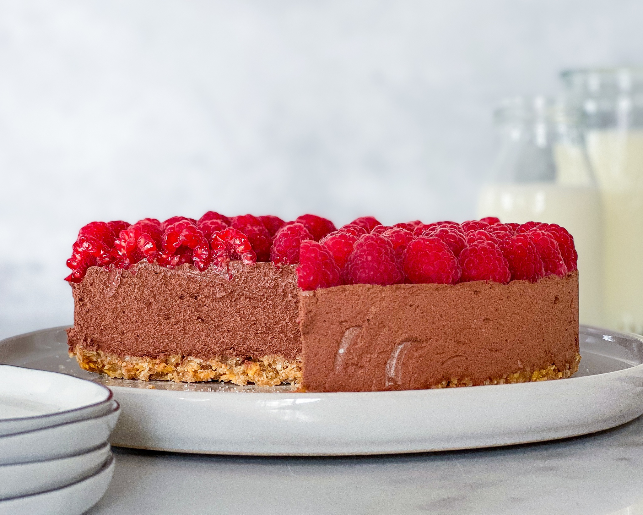 vegansk chokolademousse med hindbær