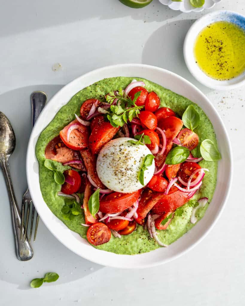 burrata salat med tomatsalat og grøn urtesauce