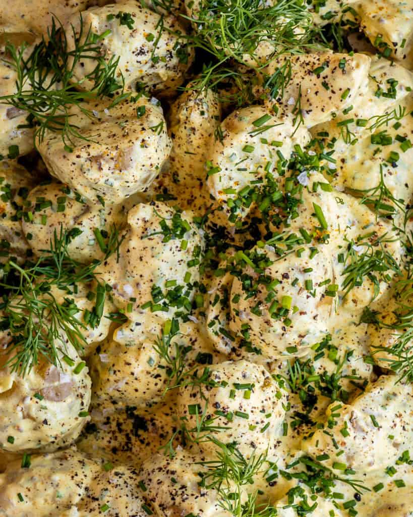 close up kartoffelsalat med karry og purløg