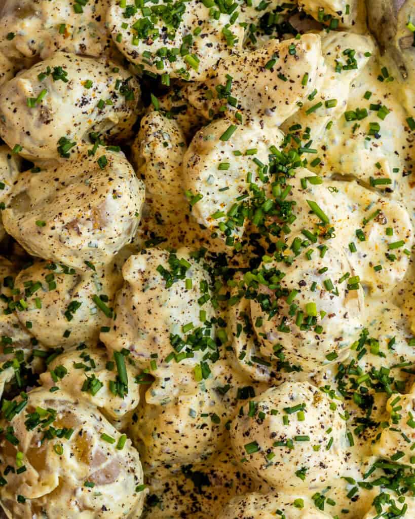 close up kartoffelsalat med karry